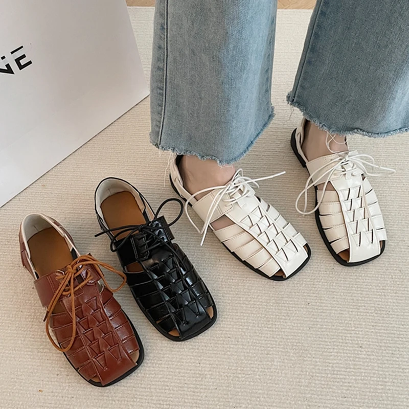 

Brand Weave Women Sandals Fashion Hollow-out Slip on Woman Roman Shoes 2023 Summer Ladies Elegant Flat Gladiator Beach Sandals