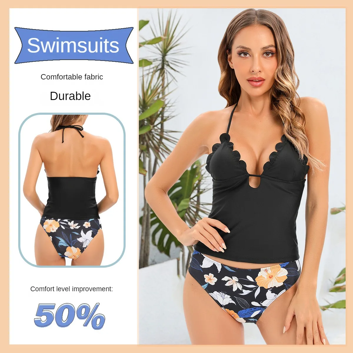 

2023 New Beach Bathing Suit Scalloped Halter Mid Waist Tankini Swimsuit For Women Sexy V-neck Bikini Sets Two Pieces Swimwear