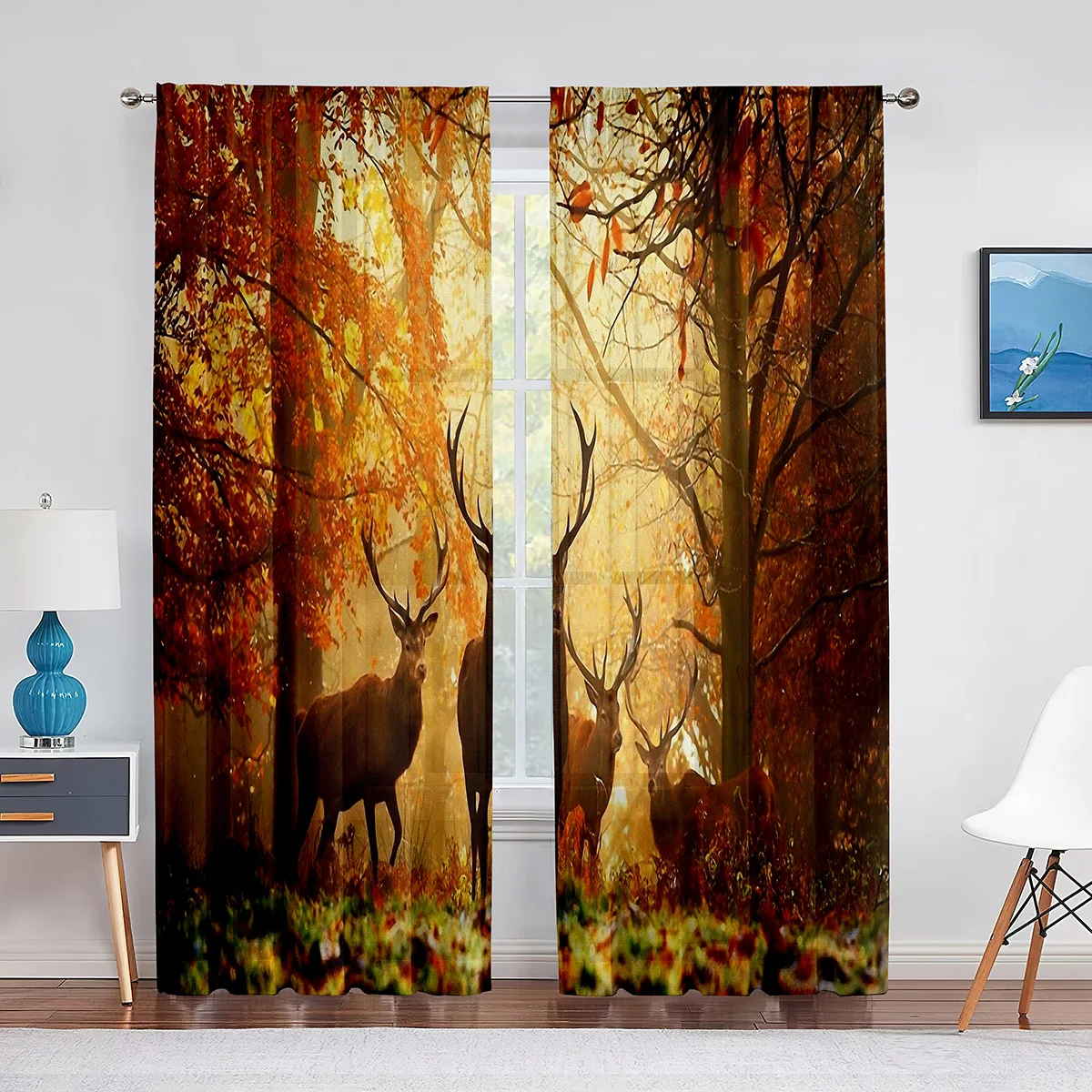 

Sika Deer Nature Autumn Forest Wildlife Sheer Voile Curtain for Living Room Bedroom Kitchen Modern Tulle Window Treatment Decor