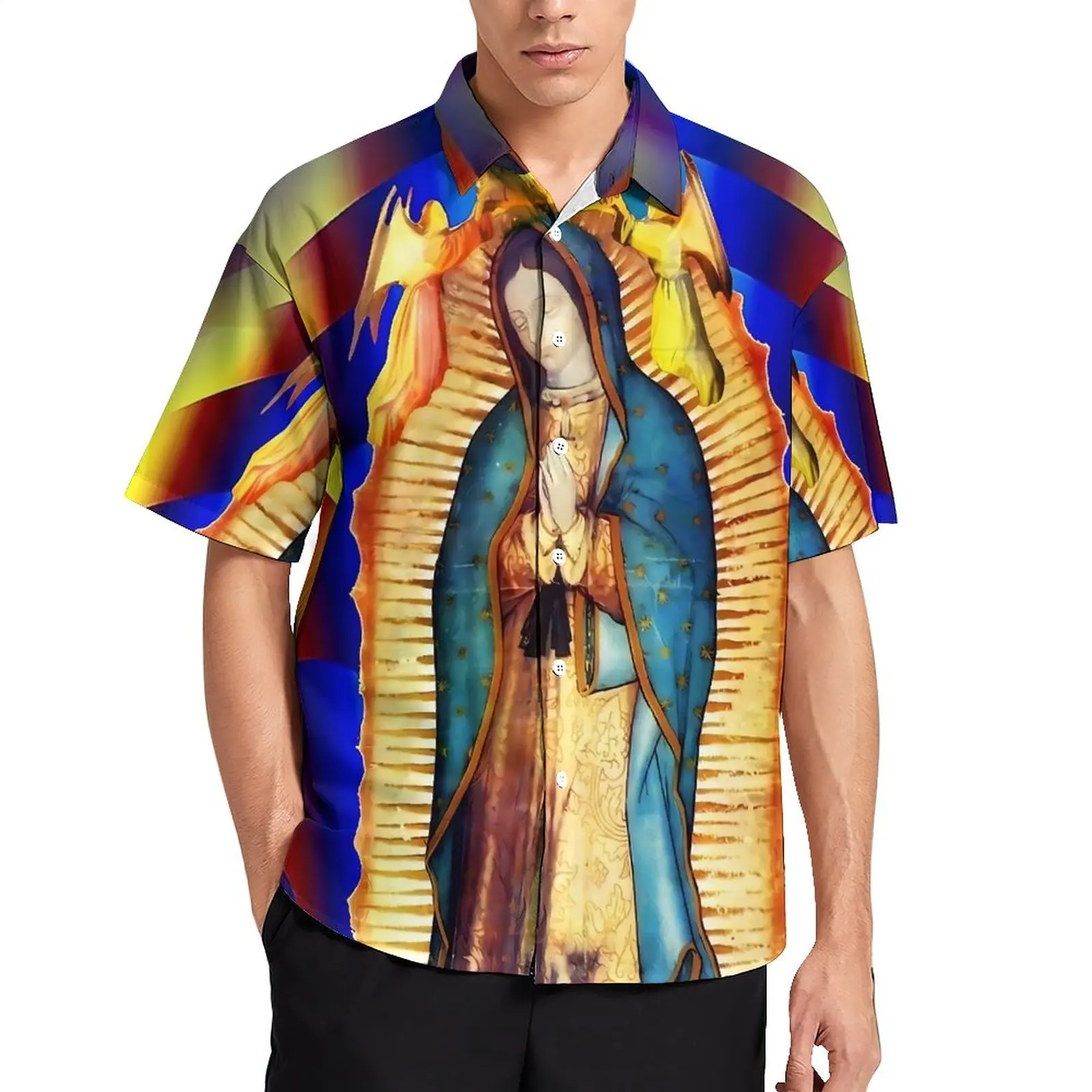 

Our Lady of Guadalupe Loose Shirt Male Beach Virgin Mary New Zerape Casual Shirts Hawaii Design Short Sleeve Oversized Blouses