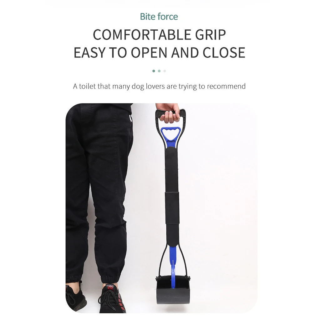 Dog Poop Scooper | Jaw Clamp Heavy Duty Poop Scooper A person holding a long-handled black and blue pooper scooper by its ergonomic handle. The tool stands vertically against the person