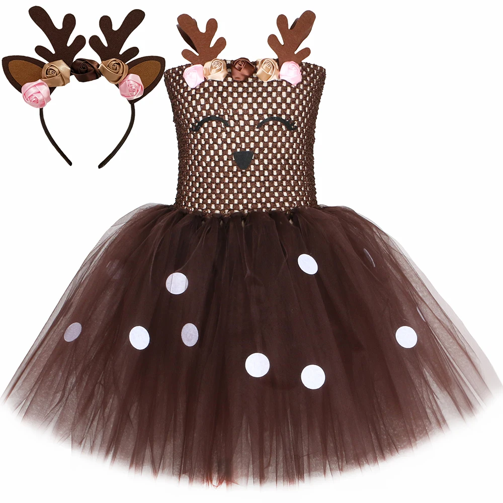 

Brown Deer Tutu Dress for Girls Christmas Halloween Costume Flowers Antler Elk Reindeer Princess Dresses Kids Xmas Party Clothes