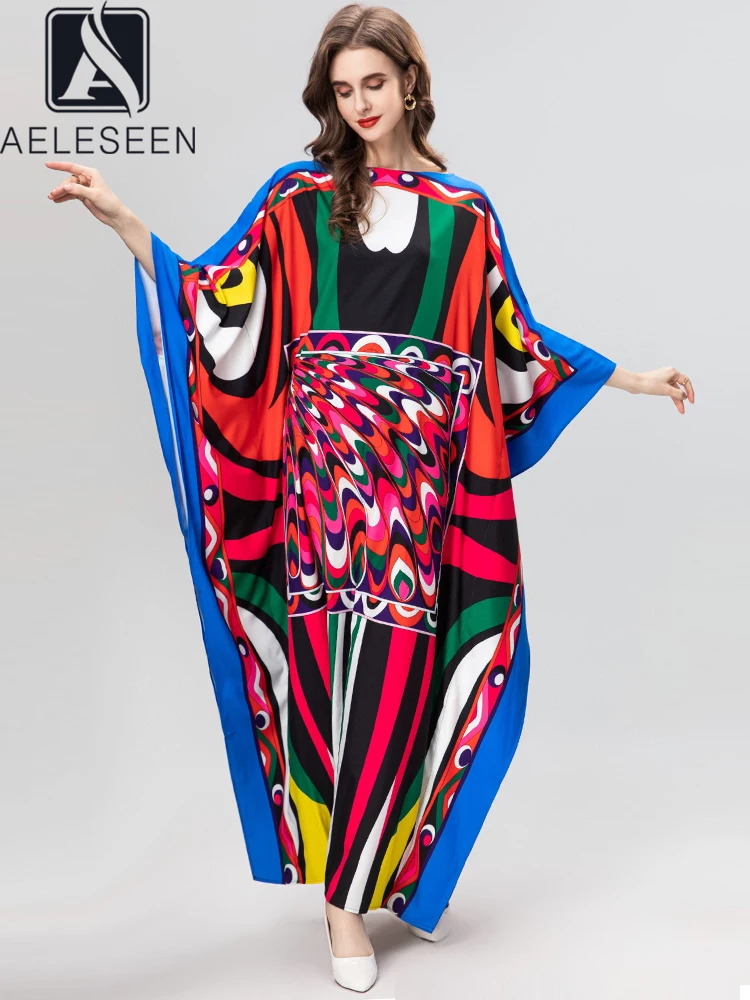 

AELESEEN Designer Fashion Maxi Robe 2023 Autumn Winter Women's Batwing Sleeve Contrast Color Print Loose Long Casual Vacation