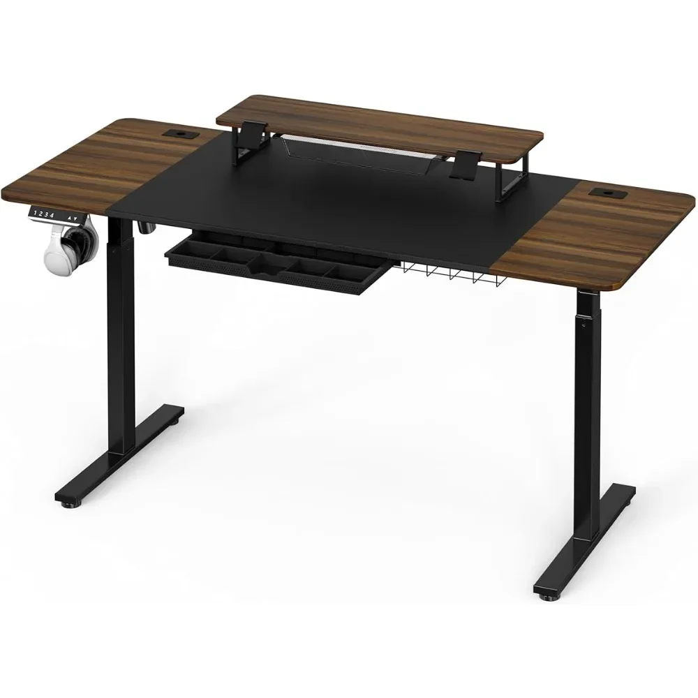 

LISM SHW 62-Inch Extra Large Electric Height Adjustable Standing Desk with Monitor Riser and Drawer, 62 x 28 Inches, Walnut