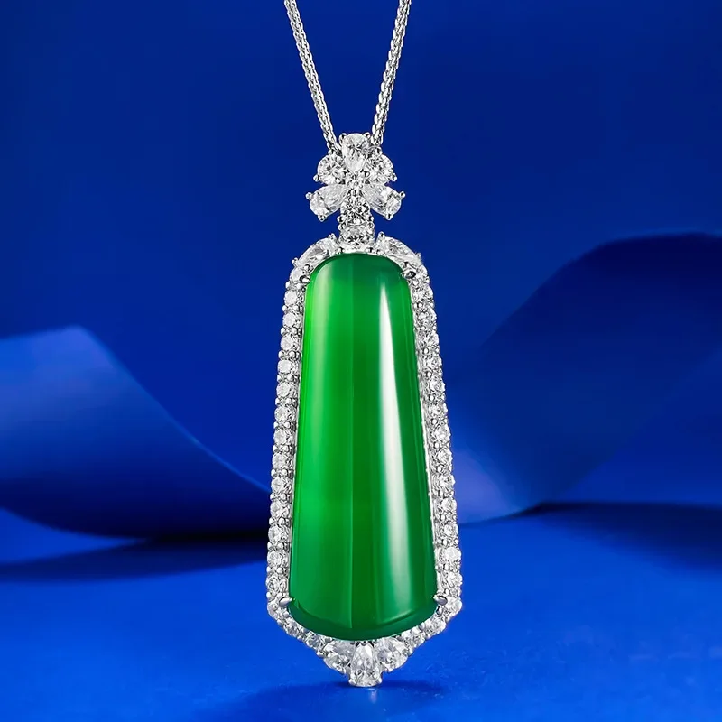 

New S925 Silver Inlaid Jade Emperor Green Step by Pendant with Chalcedony Necklace Adjustable