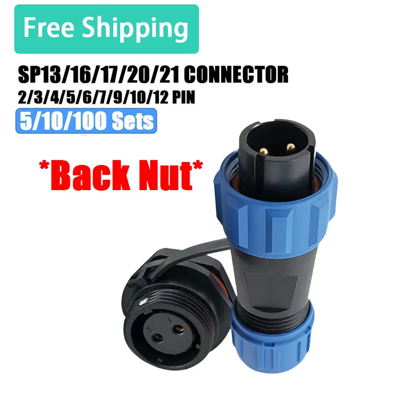 

SP13 SP16 SP17 SP20 SP21 Panel Mount Back Nut Waterproof Aviation Connectors Plug Socket, IP68 Electrical Cable Wire Connector