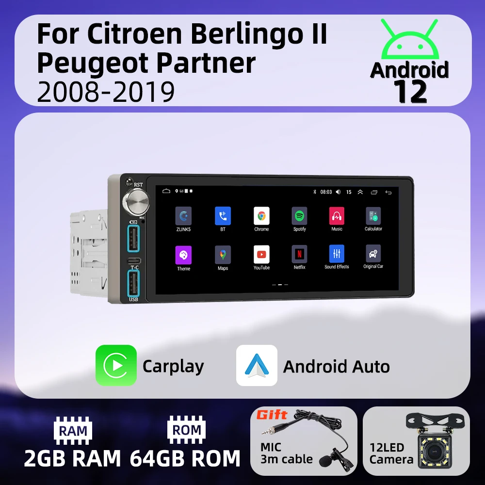 

Wireless Carplay 6.86" 1 Din Radio Android Car Multimedia for Citroen Berlingo II Peugeot Partner 2008-2019 Stereo Head Unit GPS