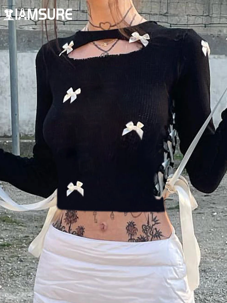 IAMSURE Sweet Hollow Out Bandage Cropped T Shirt Casual Bow O-Neck Long Sleeve Tees Women 2023 Autumn Winter Fashion Ladies
IAMSURE Sweet Hollow Out Bandage Cropped T Shirt Casual Bow O-Neck Long Sleeve Tees Women 2023 Autumn Winter Fashion Ladies