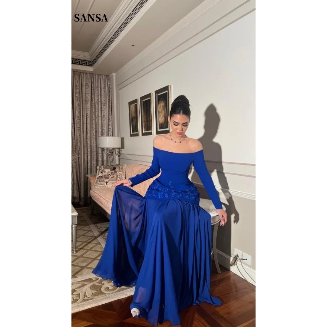 Sansa Customized Blue Flowers Embroidery Prom Dresses Off The Shoulder فساتين للمناسبات الخاصة Floor-Length vestidos de festa 3 S28535950ae7447f8810004b118c03751Y
