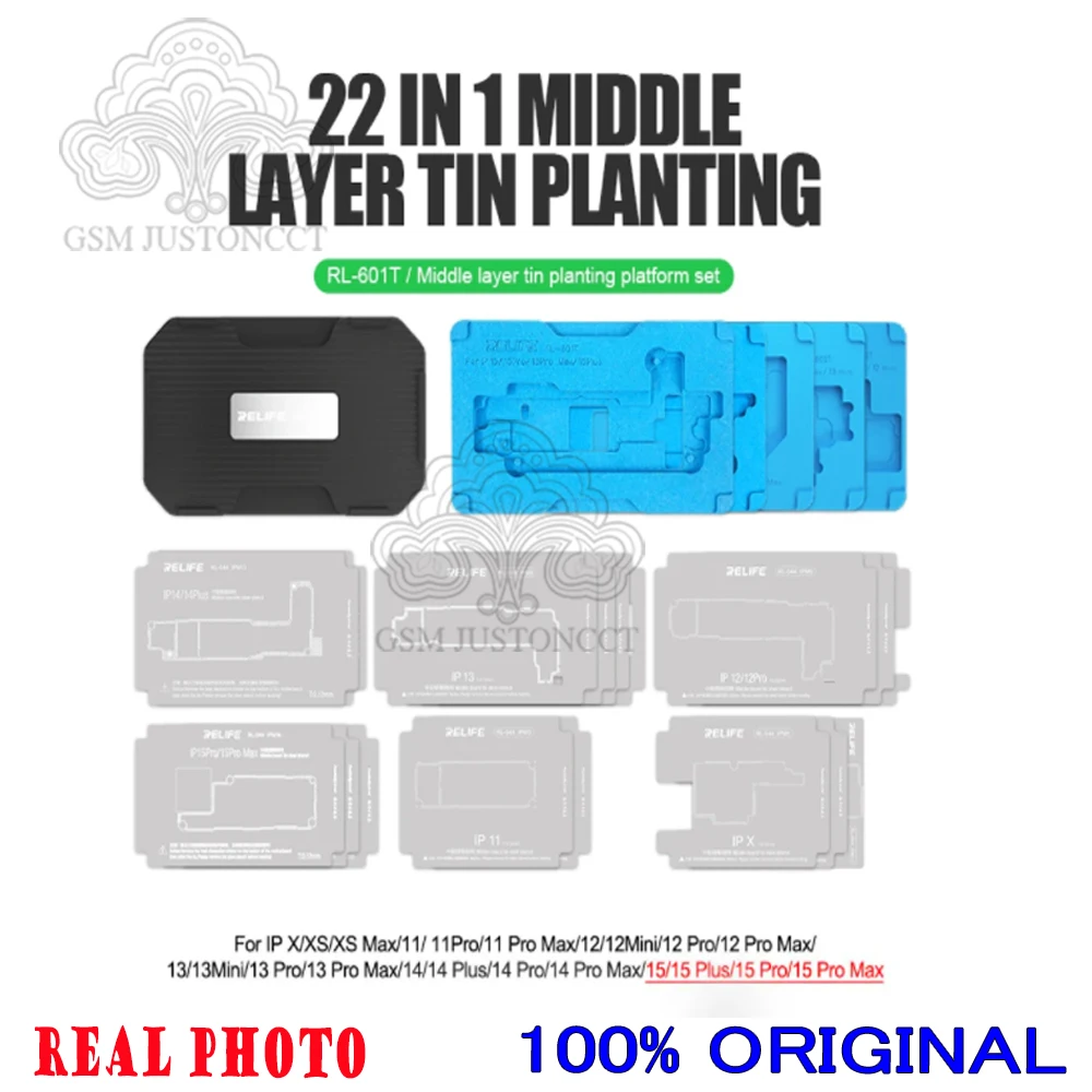 RELIFE RL-601T 22 in 1 BGA Reballing Fixture for iPhone X-15 Pro Max Motherboard Middle Layer Board Tin Planting With Stencil
RELIFE RL-601T 22 in 1 BGA Reballing Fixture for iPhone X-15 Pro Max Motherboard Middle Layer Board Tin Planting With Stencil