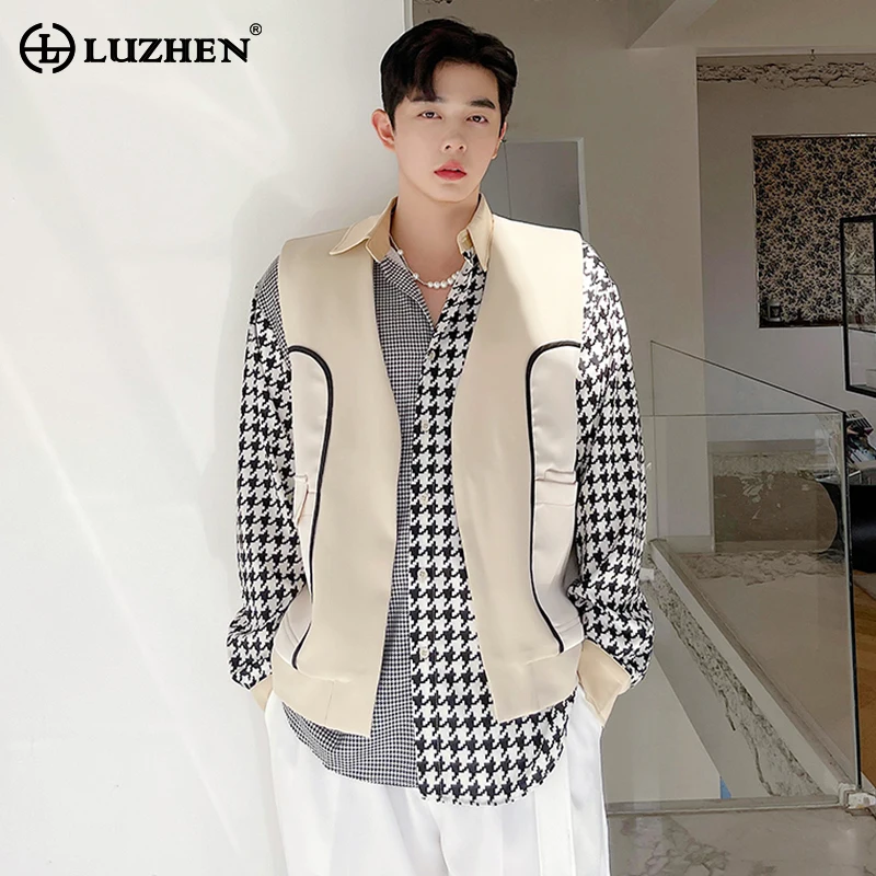 

LUZHEN Elegant Splicing Design Men Sleeveless Vest 2024 New Fashion Original Casual Waistcoat Korean Trendy Male Clothes LZ1417