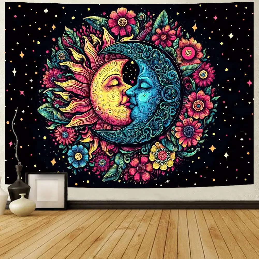 

Sun and Moon Tapestry Trippy Flower Tapestries Hippie Boho Floral Plant Wall Hanging Vintage Aesthetic Starry for Bedroom Decor