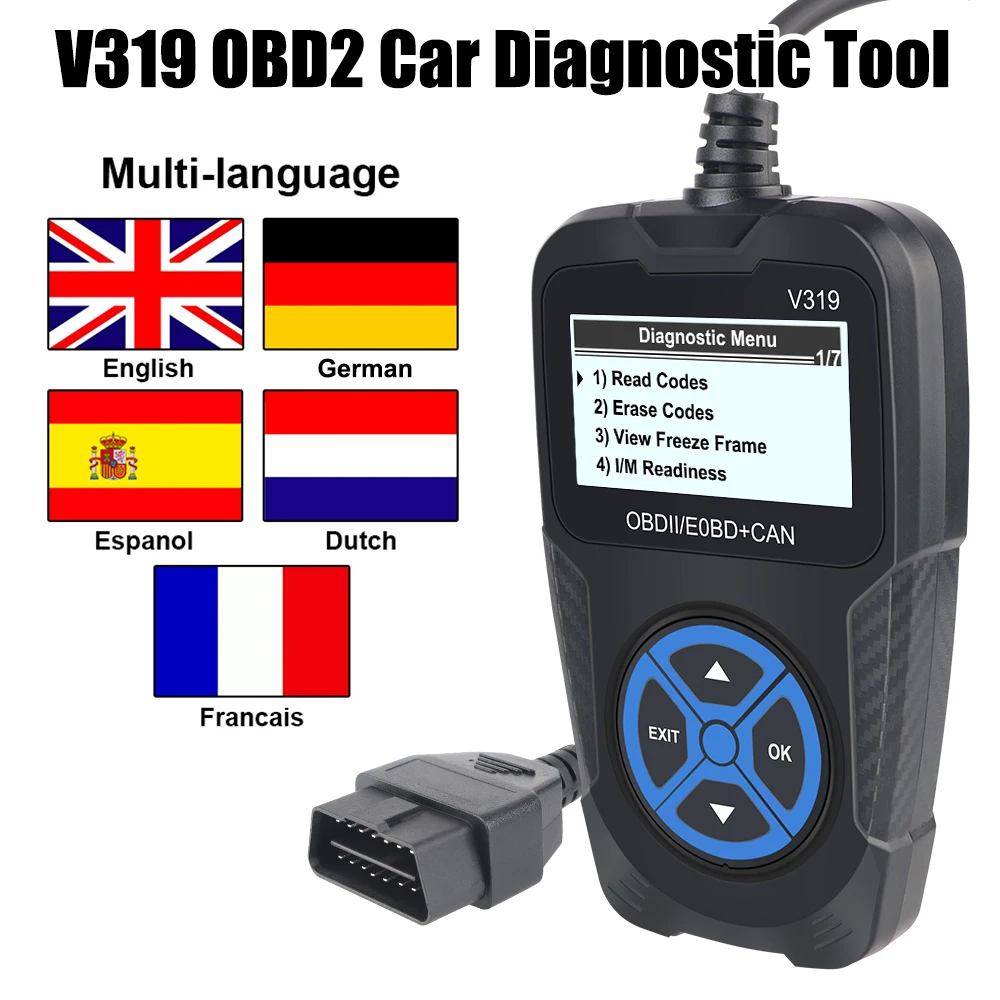 

Считыватель кодов OBD2, универсальный автомобильный диагностический инструмент V319, инструмент для диагностики двигателя, сканер OBD 2 с цифровым дисплеем