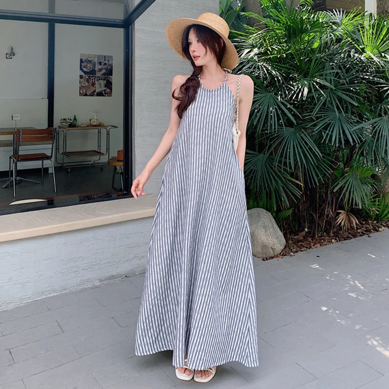 

2023 New Simple Striped Backless Halter Beach Robe Summer Women Loose Vacation Strappy Y2K Swinging Casual Long Lolita Sundress