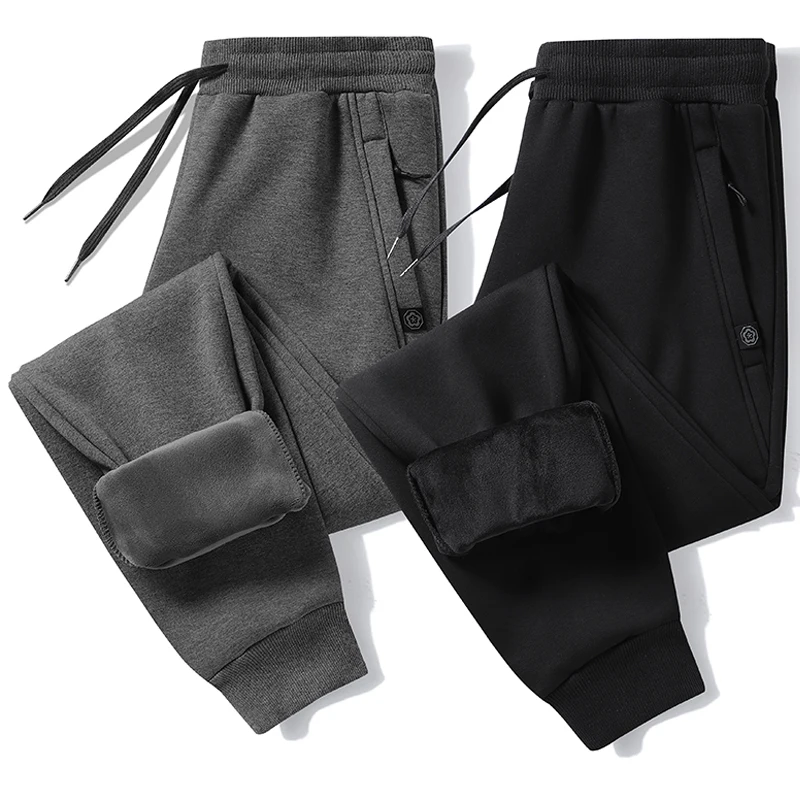 

2024 Winter Zip Pockets Thicken Fleece Sweatpants Men Joggers Black Grey Down Cotton Warm Pants Male Water Proof Thermal Trouser