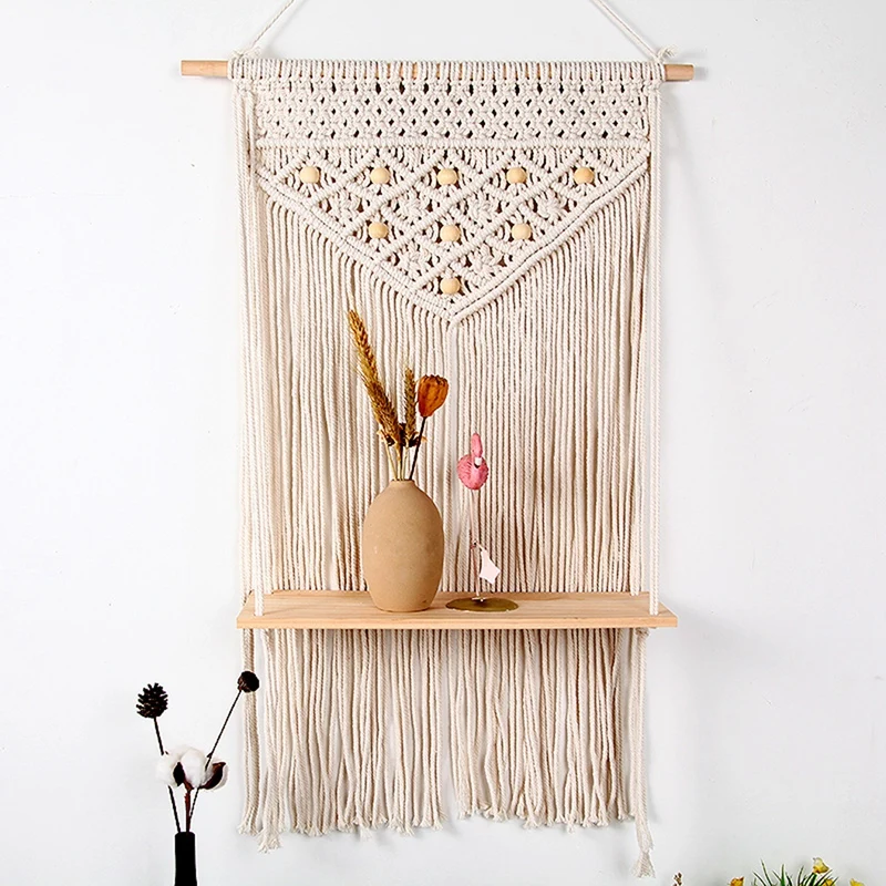 

Boho Macrame Wall Hanging Shelf Handmade Woven Tassel Tapestry Rack Wood Organizer Wall Floating Hanger For Home Decor