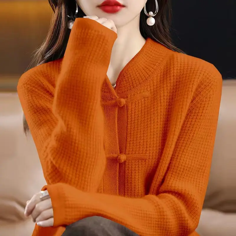 

Autumn Winter Vintage Knit Cardigan Women Thick Warm Long Sleeve Half Turtleneck Sweater China Knot Button Korean Tops