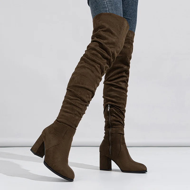 

2024 New Fashion Round Toe Zip Thigh High Boot Women Autumn Winter Casual Chunky Heels Motorcycle Over The Knee Shoe Botas Mujer