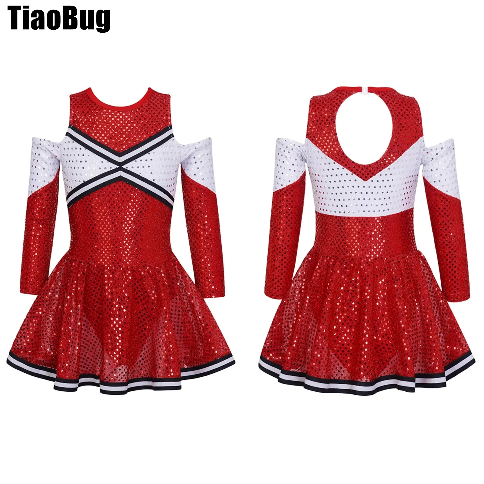 

Kids Girls Shiny Sequins Dance Dress Long Sleeve Off-shoulder Round Neckline Contrast Color Cheerleading Clothes