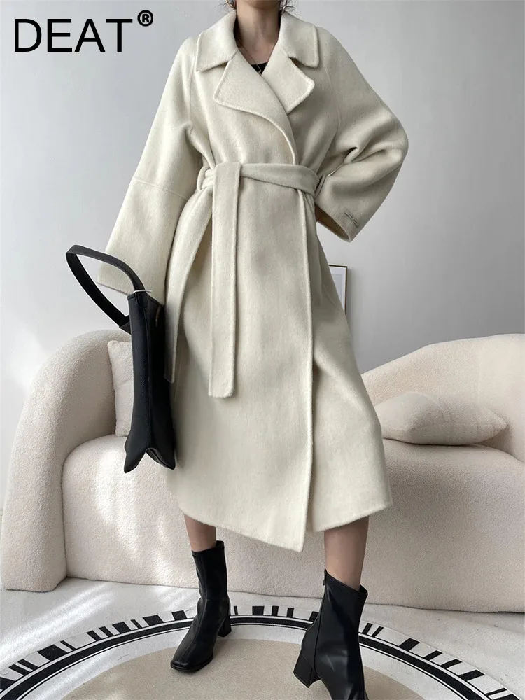 

DEAT Fashion Women's Double Faced Woolen Coat Lapel Loose Full Sleeve Sashes Solid Color Wool Overcoat Winter 2024 New 7AB2746