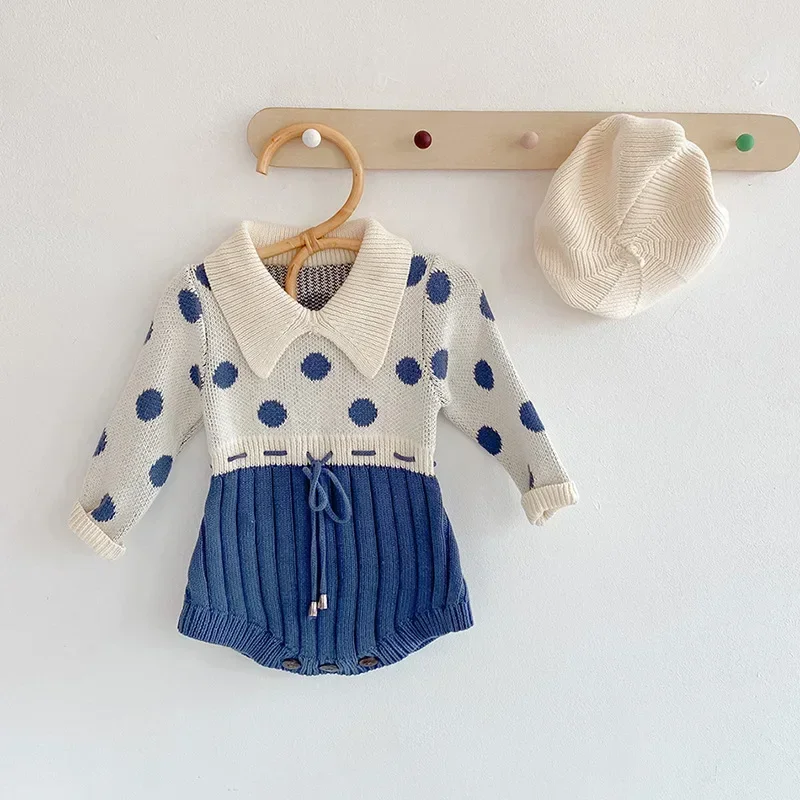 

INS Knitwear Baby Romper 0-2Yrs Newborn Boy Girl Long Sleeve Turn Down Collar Patchwork Polka Dot Knitted Spring Autumn Clothes