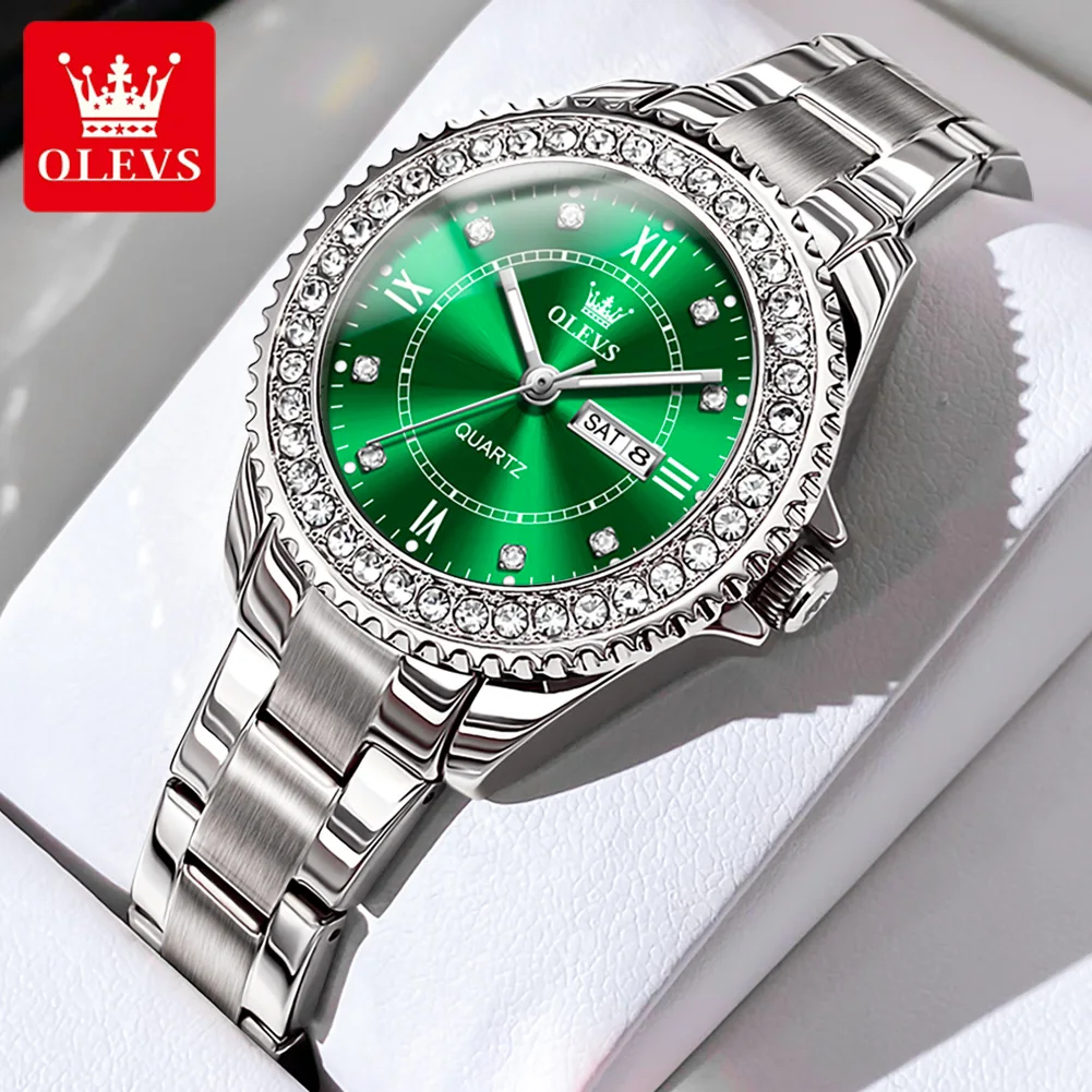

OLEVS Full Diamond Watch for Women Stainless steel Green Roman Dial Waterproof Fashion Dual Calendar Luxury Women's Wrist watch