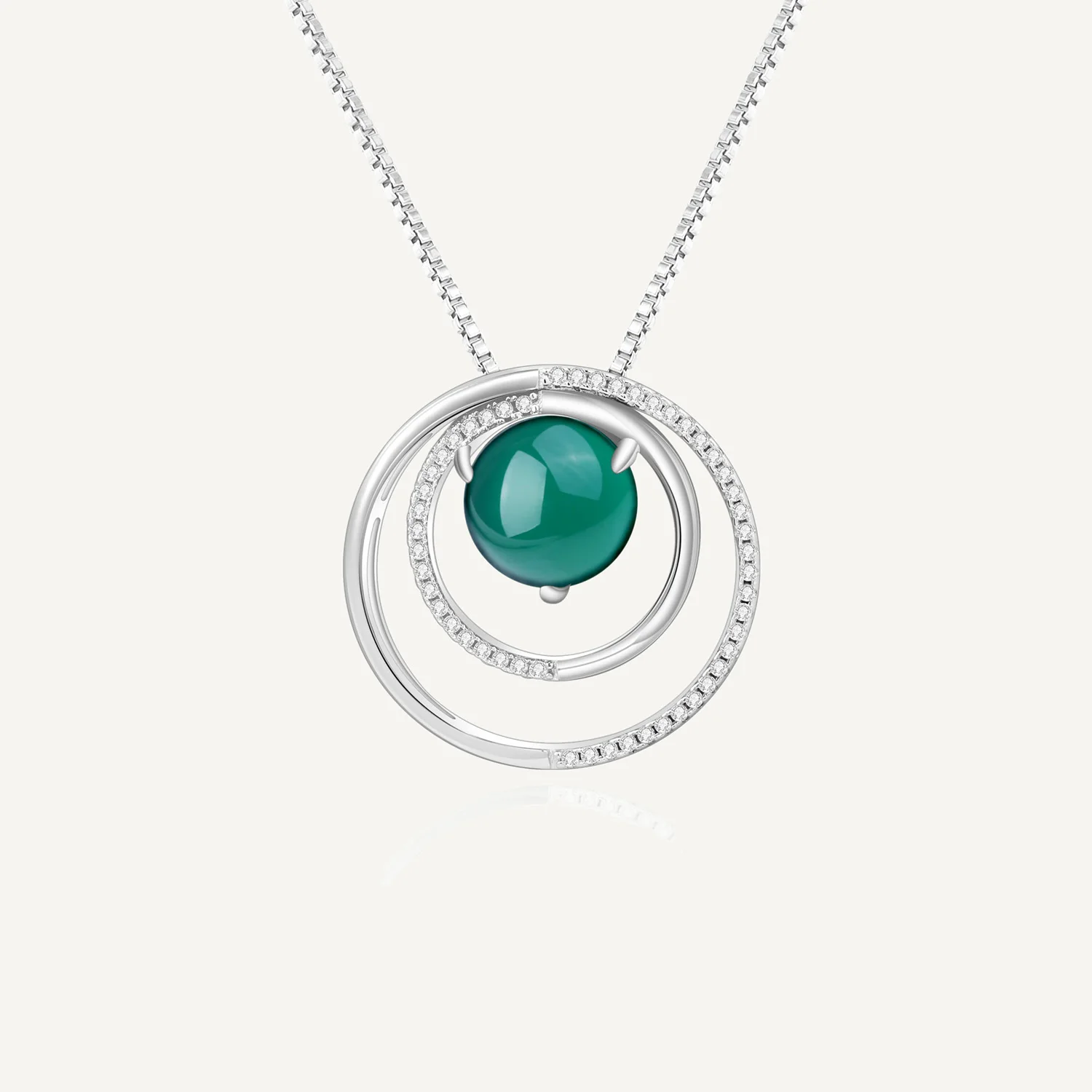 

GEM'S BALLET Natural Green Agate Gemstone Pendant Necklace Women's 925 Sterling Silver Double Circle Pendant Shiny Paved Jewelry