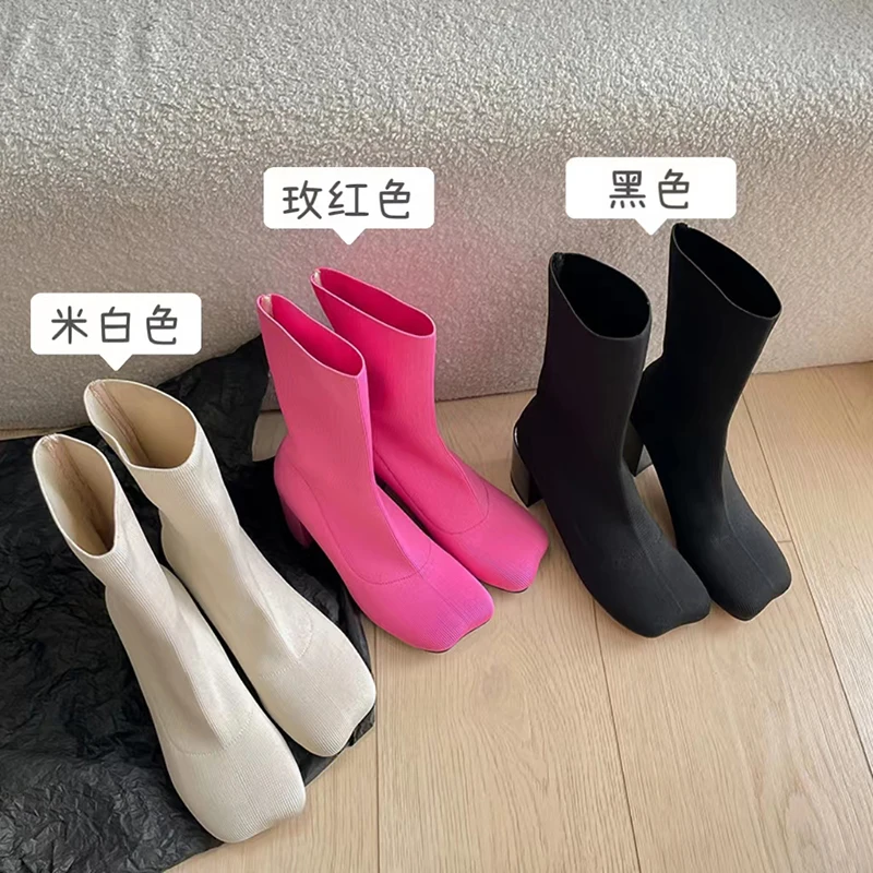 

2023 new Autumn Women ankle boots natural leather 22-25cm Knitted fabric+cowhide+pigskin modern boots thick heel Elastic boots