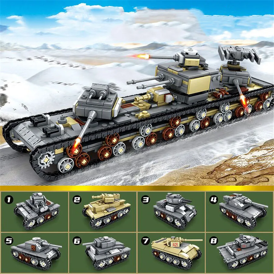

8 in 1 Military WW2 KV Tank Block DIY Mini Panzer IV StuG III Tiger Vehicle Building Bricks Toy For Boys Children