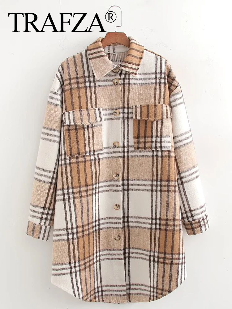 

TRAFZA Plaid Shirts for Women Loose Gingham Female Blouse Autumn Button Top Shacket Vintage Oversized Long Shirts Ladies