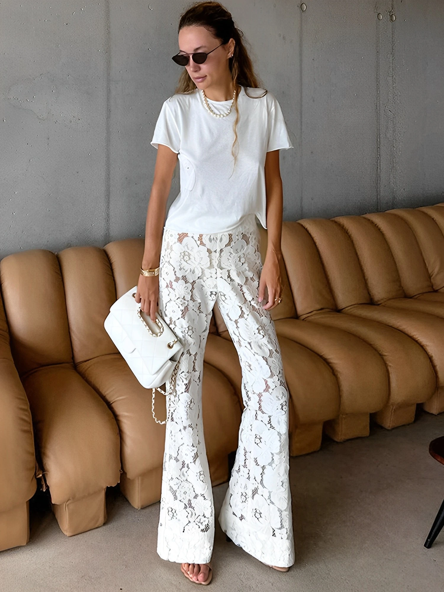 

2024 Summer Cotton Lace Perspective White Flare Pants Women Vacation Jacquard High Waist Long Trousers Beach Style Female Pants