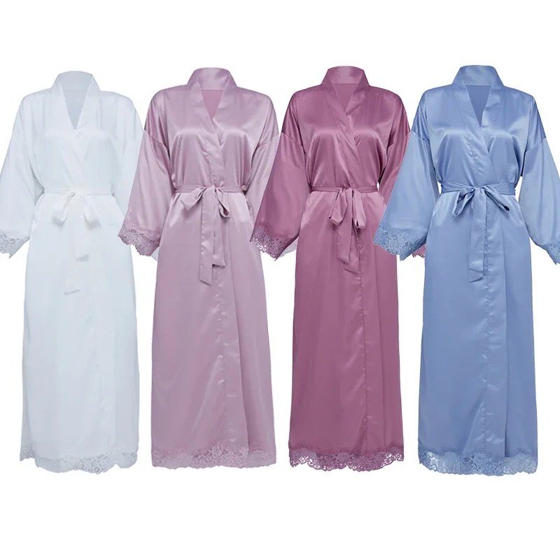 

Женские Длинные матовые атласные кружевные халаты, свадебное кимоно, свадебные халаты, Свадебный халат, одежда для сна