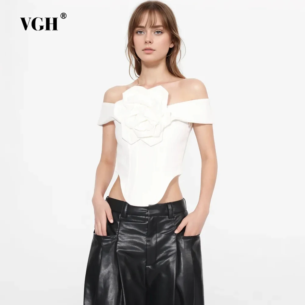 

VGH Solid Patchwork Appliques Tank Tops For Women Slash Neck Short Sleeve Backless Spliced Zipper Slimming Vest Female Fashion