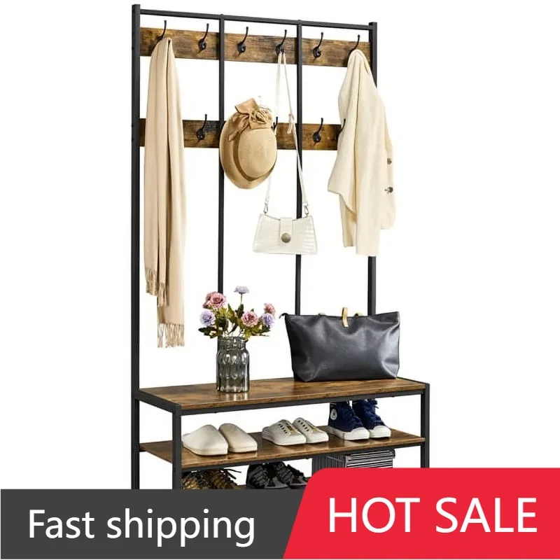 Industrial Hall Tree with 2 Storage Shelves, Rustic Brown 
Industrial Hall Tree with 2 Storage Shelves, Rustic Brown