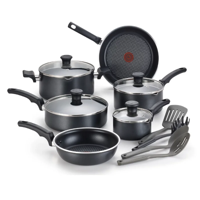 

T-fal Cook & Strain Nonstick Cookware Set 14 Piece Set Black Dishwasher Safe Pots and Pans Set Cooking Pots Kitchen