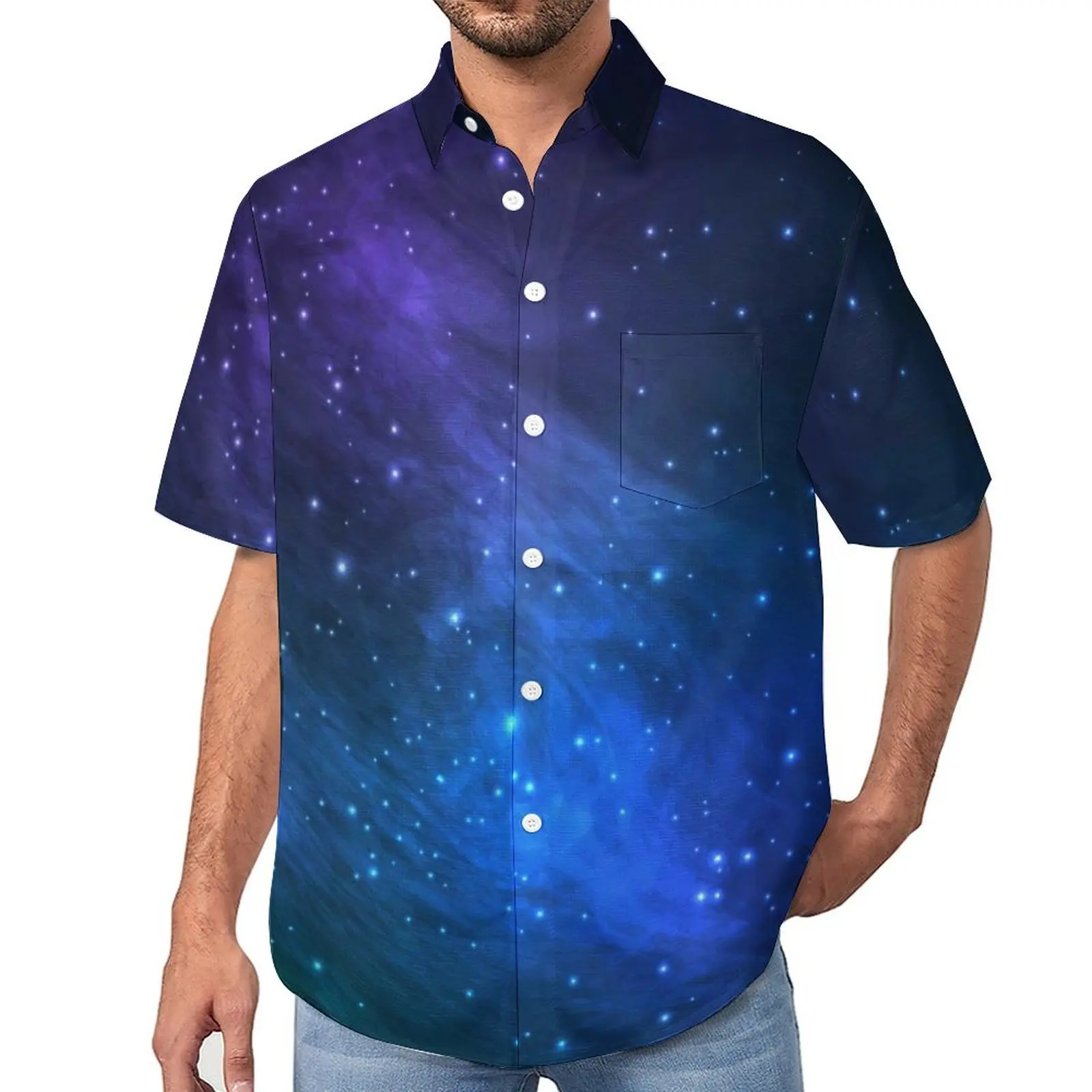 

Colorful Galaxy Loose Shirt Men Beach Green and Blue Cosmic Casual Shirts Hawaii Short Sleeve Streetwear Oversize Blouses