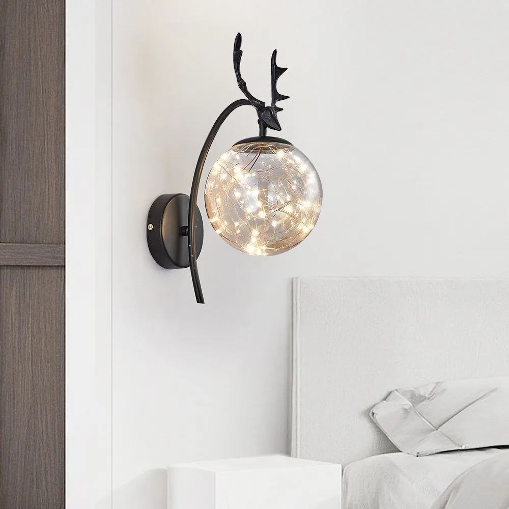 

Led Wall Lamp Iron Night Reading Beside Lamp Home Decor Stairs Vintage Loft Sconce Wall Light Glass Ball Gold Black Fixture