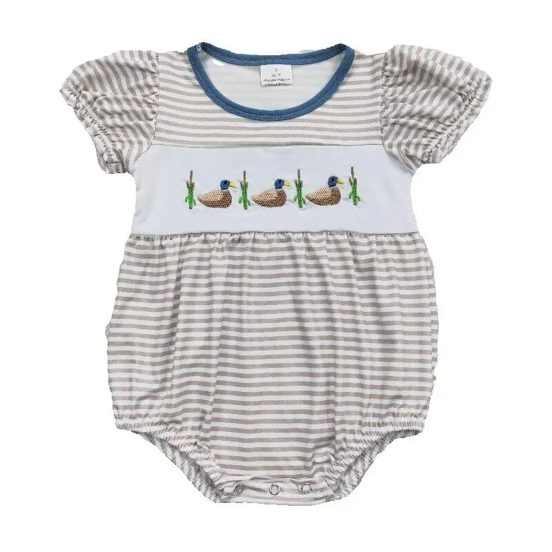 

RTS Baby Newborn Infants Girls Grey Stripes Duck Embroidery Short Sleeve Holiday Boutique Wholesale Spring Sleepers Rompers