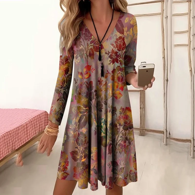 Autumn Winter New Printing Mini Dress for Women Fashion Vintage V-Neck Long Sleeve High Waist Female Pullover A-Line Dresses
Autumn Winter New Printing Mini Dress for Women Fashion Vintage V-Neck Long Sleeve High Waist Female Pullover A-Line Dresses