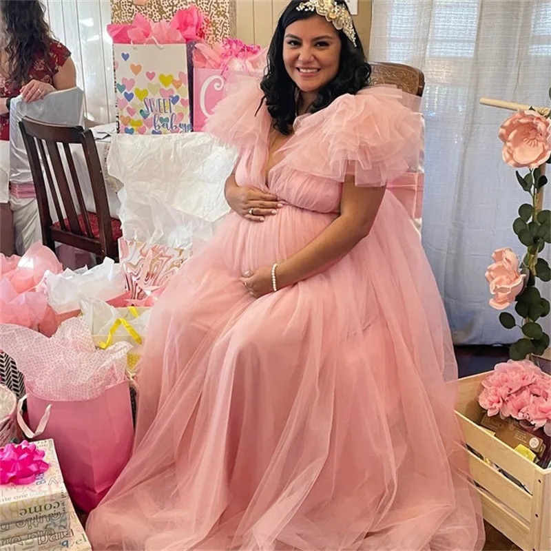 

Elegant Pink Tulle Maternity Dresses for Photo Shoot Long Sleeves High Neck Pregnancy Gown Babyshower Robes Arabic Muslim Dress