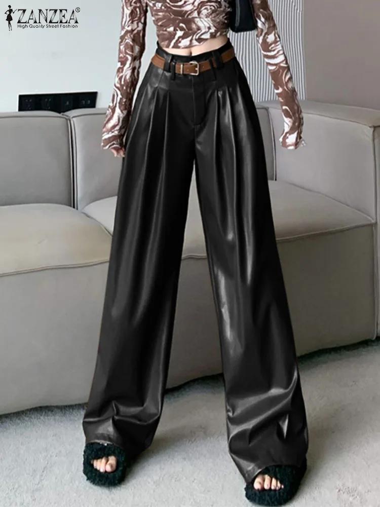 

ZANZEA 2024 Wide Leg PU Trousers Women Stretchy Faux Leather Pants Elegant Sexy Mid Waist Pantalons Bell Bottom Flared Long Pant