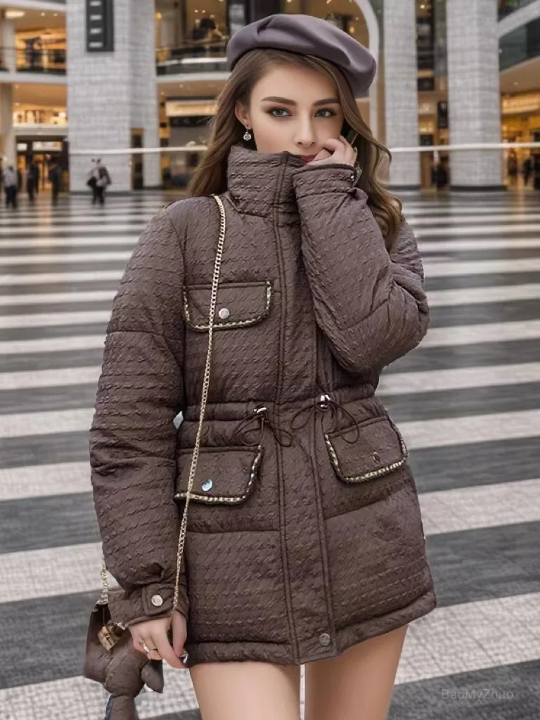 

2024 New Winter Down Cotton Coat Women Stand Collar Parka Padded Female Solid Thick Warm Zipper Loose Jacket Black White