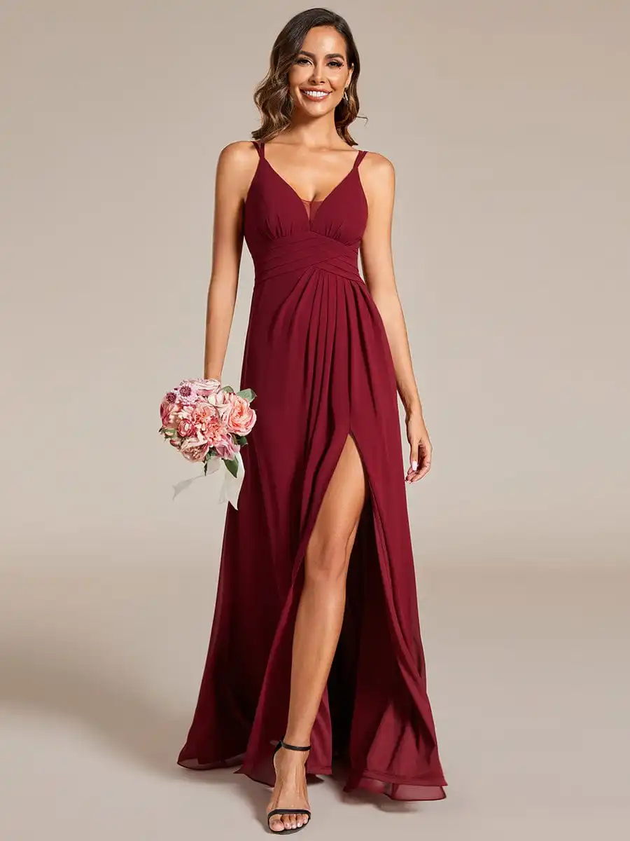 

Elegant Evening Dresses Deep V-Neck High Front Slit Spaghetti Strap 2024 Ever pretty of Back X-Cross Burgundy Bridesmaid Dress