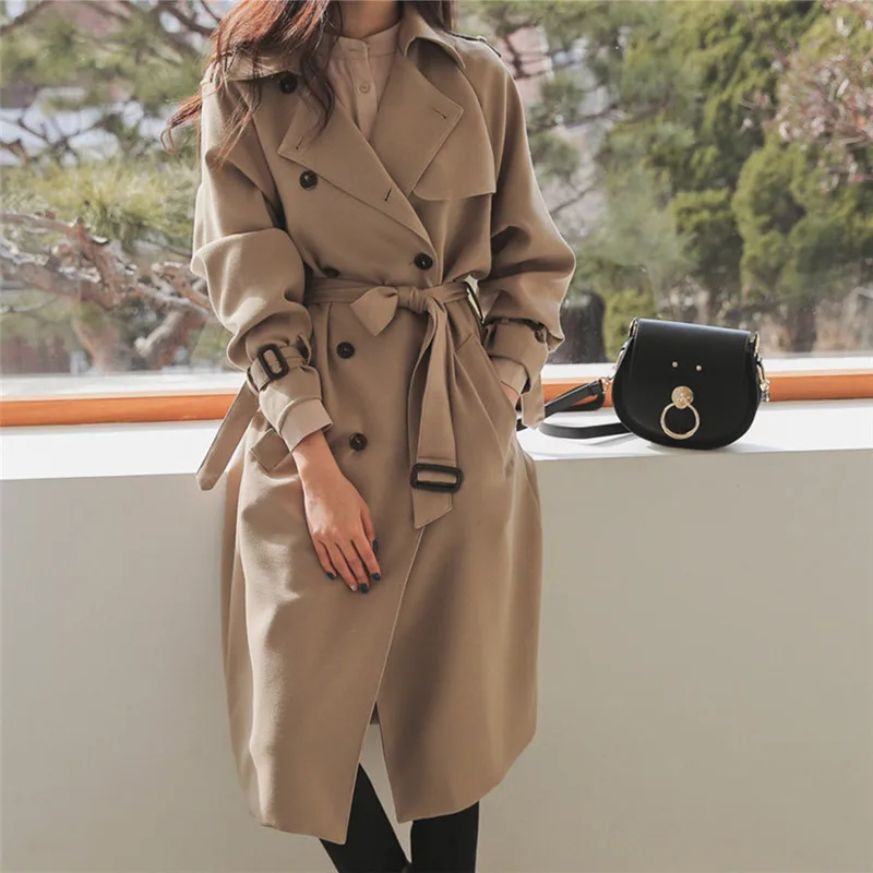 

Casual Belted Sashes Loose Women Trench Coats Double Breasted Full Sleeve Female Office Long Overcoats 2022 Autumn Winter J500C