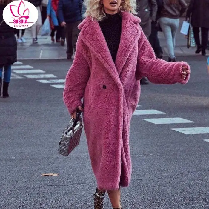 

SUSOLA Home Autumn/Winter Mid length Teddy Bear Coat Pink Grain Sheep Camel Fleece Silhouette Wool Coat