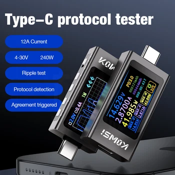 KWS-X1 Type-C 테스터 DC 4V-30V 12A 전류 및 전압 측정기 컬러 스크린 전압계 전류계 프로토콜 감지기 전력 모니터