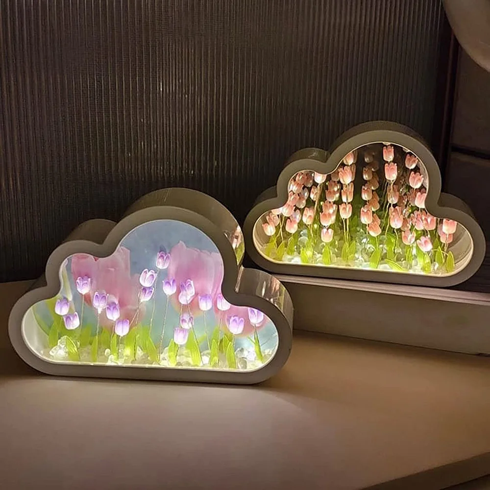 

DIY Cloud Tulip Mirror Light Handmade Photo Frame Table Lamp LED Night Light Living Room Desktop Ornaments Birthday Gifts