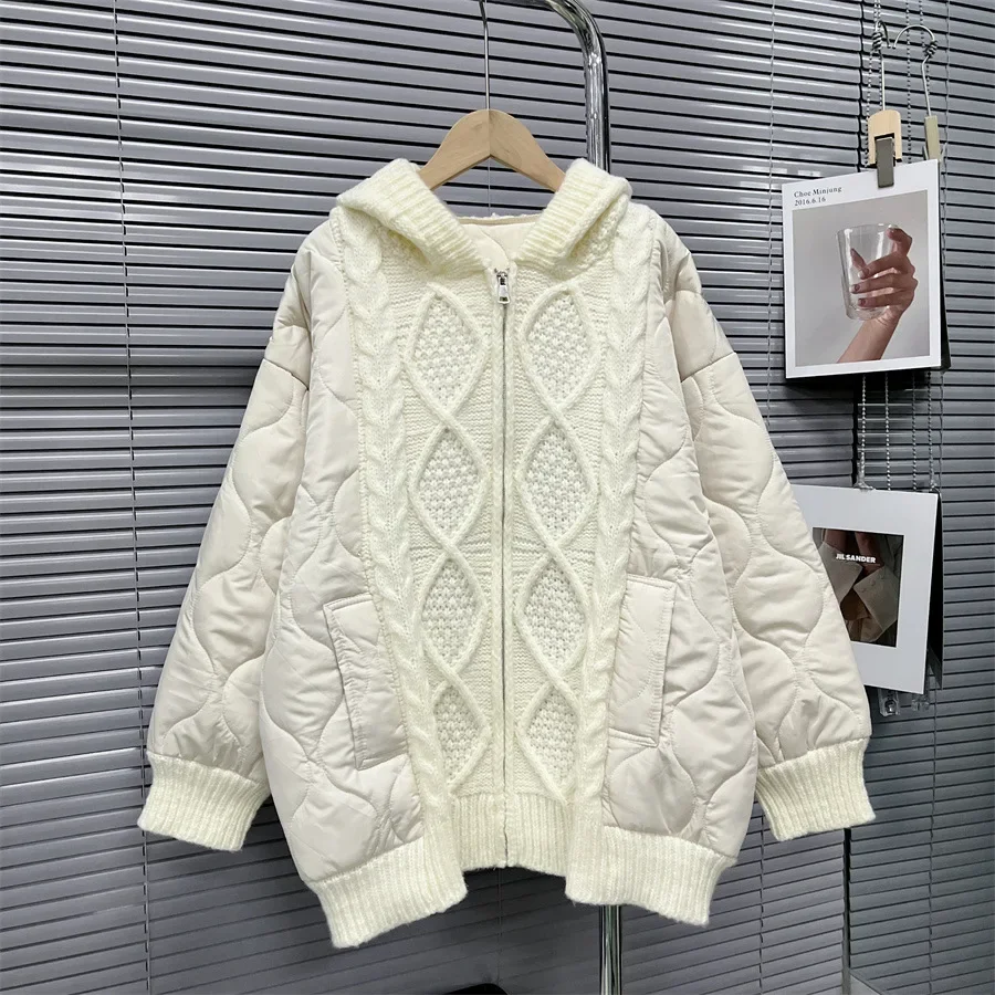 

New Fashion Causal Hooded Knit Stitching Women Sweater Cardigan Loose Thick Autumn Winter Warm Spliced Cotton-padded Jacket Coat