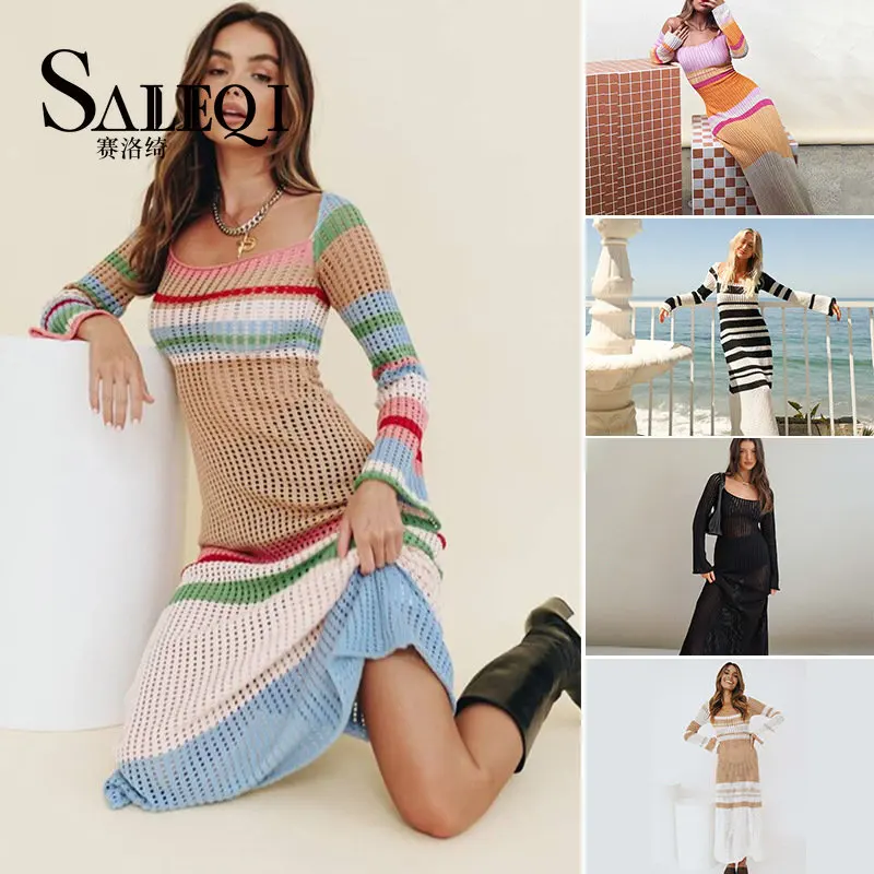 Fall 2023 new female multi-colored long-sleeved multi-color U-collar sexy hollowed out long-sleeved knitted dress women
Fall 2023 new female multi-colored long-sleeved multi-color U-collar sexy hollowed out long-sleeved knitted dress women