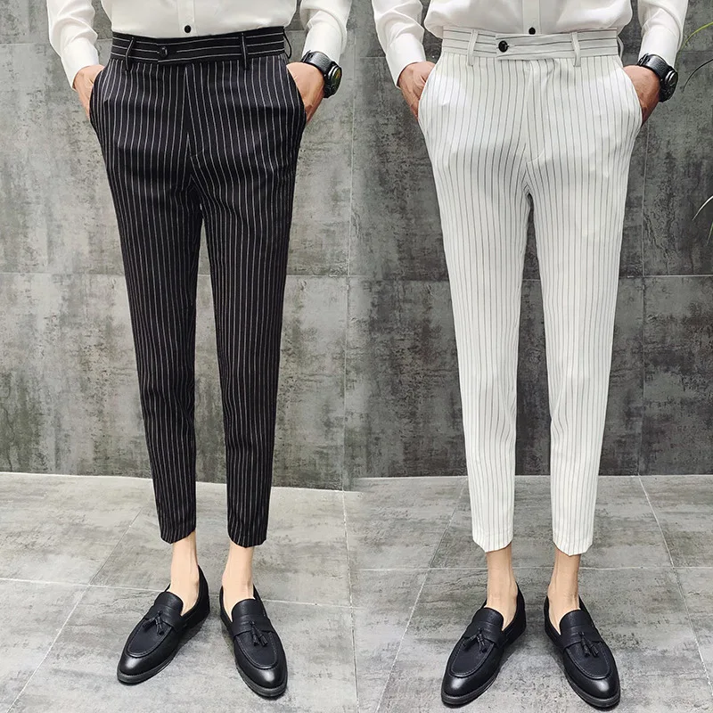 

2024 Spring/Summer New Boys' cropped pants Korean slim fit striped casual pants non ironing men's cropped trousers